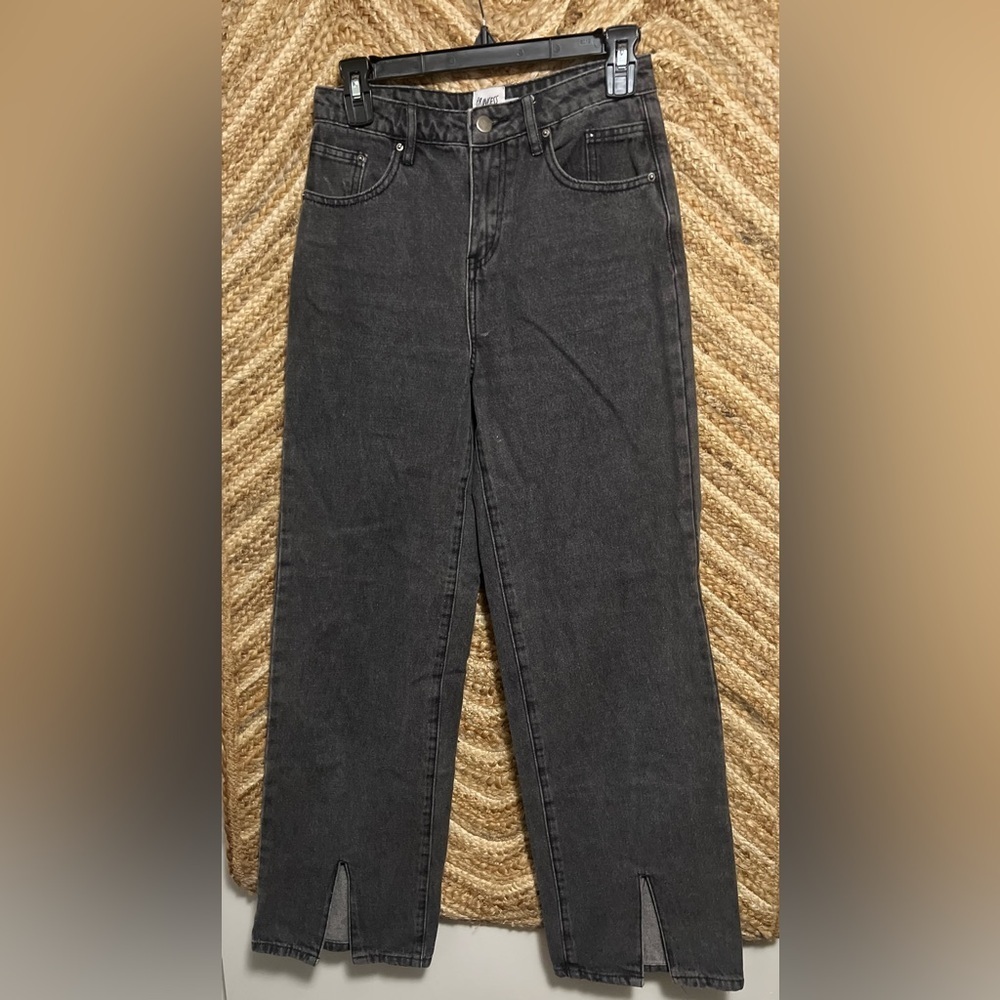 Princess Polly Women's Black Wide Leg Denim Jeans,Slit Cuffs,Size US 4